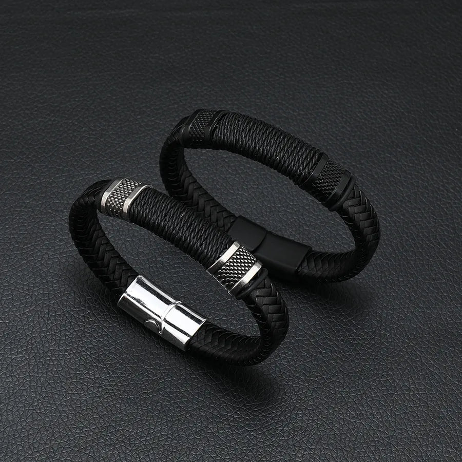 Retro Solid Color Pu Leather Alloy Men's Bracelets Men Cord & Leather Bracelets