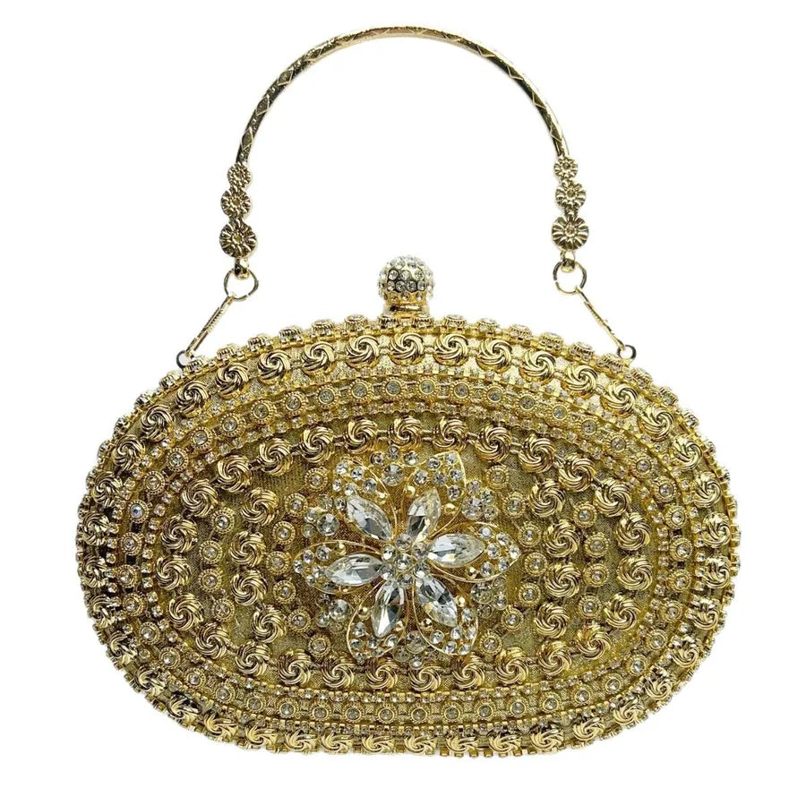 Elegant Evening Clutch Bag With Diamond Embellishments For Women Handbag Fashionable Chain Detail Polyester Oval Shell Bag