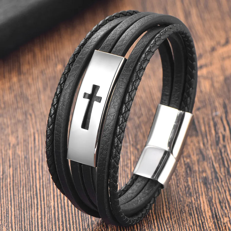 Stainless Steel Design Cross Retro Punk Multi-Layer Woven Personality Simple Leather Bracelet L20324