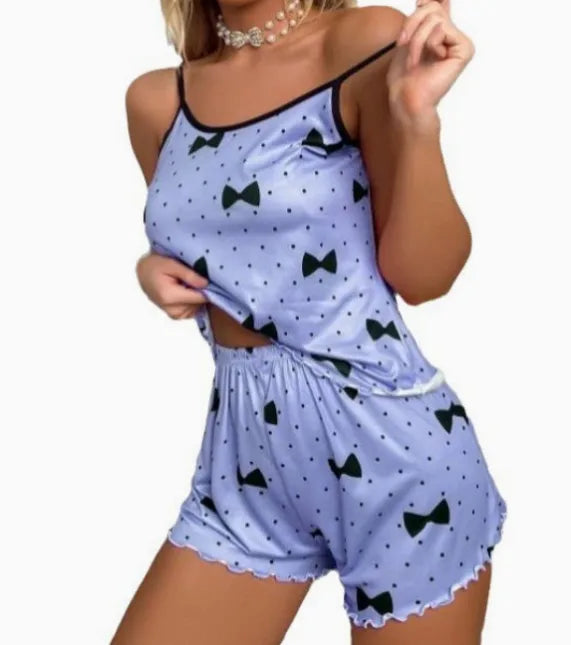 Summer  Casual Sexy Small Sling Love Printed Shorts Two-piece Home Clothes for Women