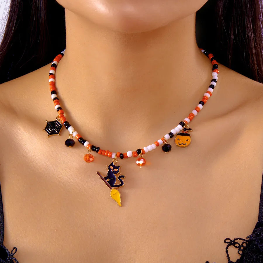 Handmade Halloween Necklace Ghost Spider Pendant Color Matched Pumpkin Design Zinc Alloy Women's Jewelry Accessory