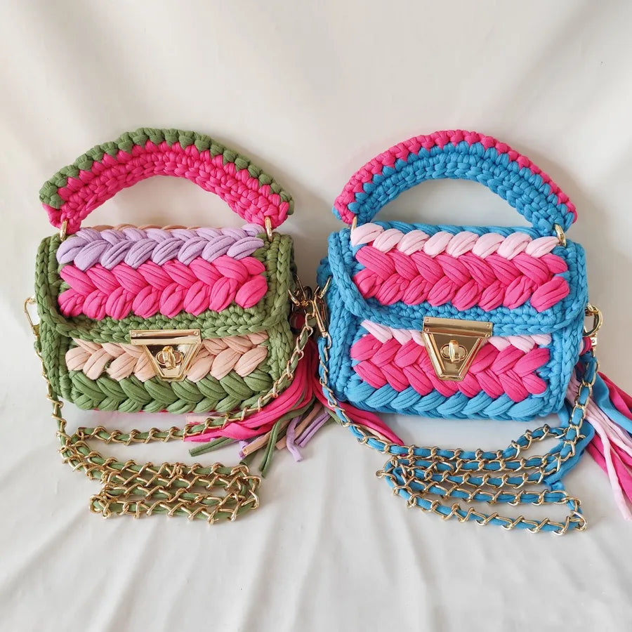 New Handmade Woven Color Contrast Patchwork Color Chain Tassel Handbag Messenger Bag