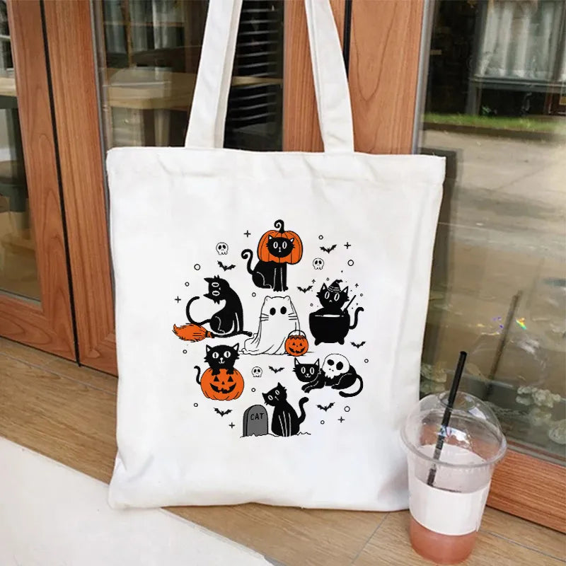 Cute Cat Halloween Party Bag Women Ghost Canvas Tote Bag Harajuku Fashion Shopping Bag Square Shape Large Size Retro Print