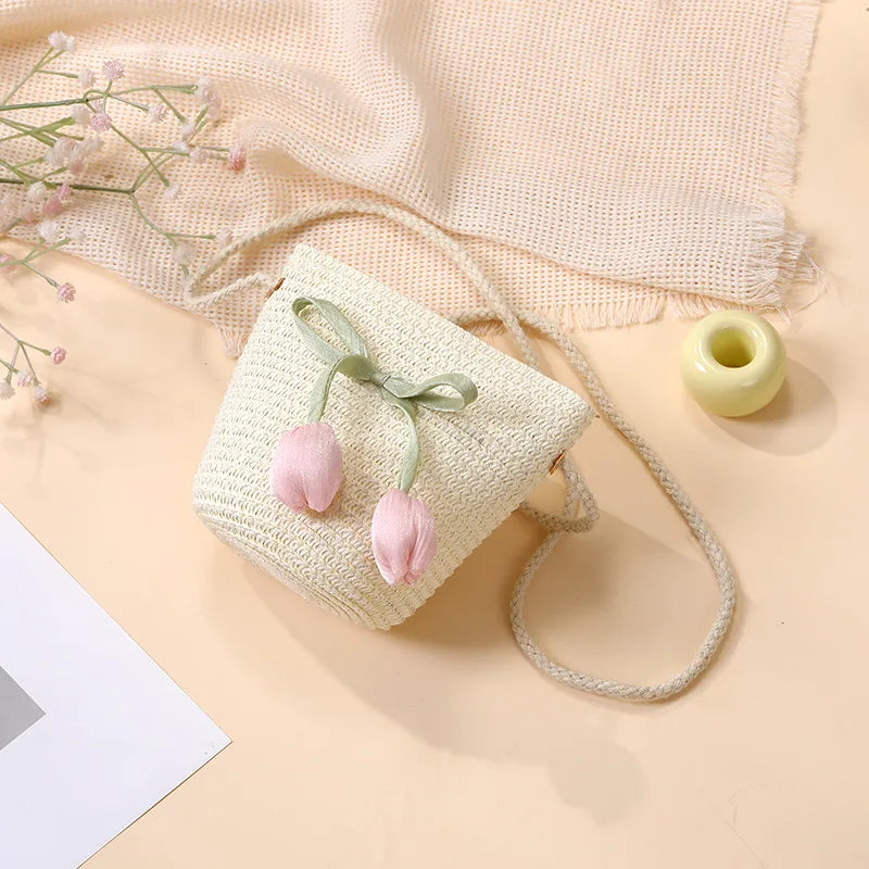 Summer Beach Seaside Tulip Straw Woven Bag  New Children Flower Straw Bag Mobile Phone Crossbody Bag