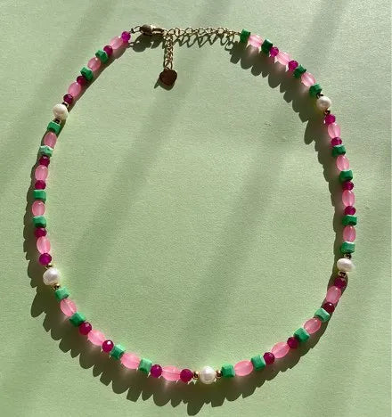 Sweet Color Block natural stone Freshwater Pearl Titanium Steel Necklace In Bulk