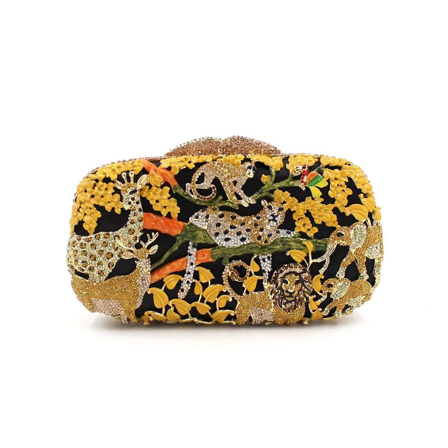 Black&Green Gold Rhinestone Metal Animal Hollow Square Evening Bags