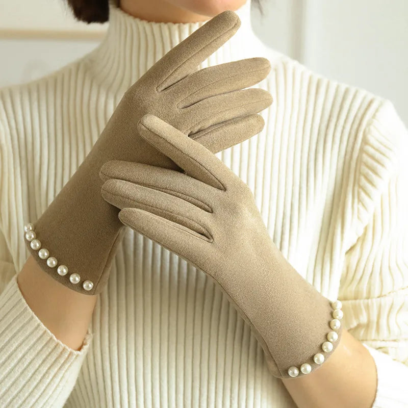 Women's Winter Fleece Lined Touchscreen Gloves Pearl Design Cycling Driving Warm New Style Cold Resistance Handwear