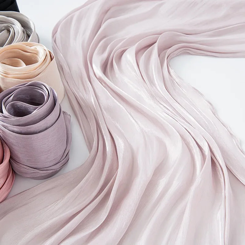 New Style Cool Breathable Bright Silk Chiffon Island Wrinkled Long Scarf Solid Color Simple Malay Indonesian Women's Bag Headscarf