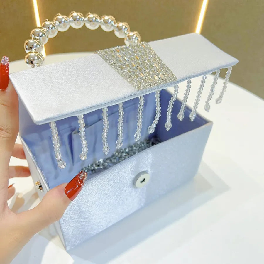 New Pearl Box Shiny Sequin Small Square Bag Evening Party Handbag Crossbody Shoulder Bag Glittering Tassel Silk Square Bag