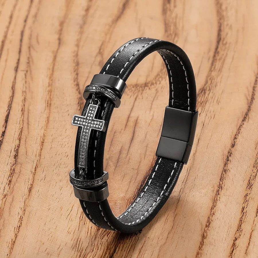 Retro Punk Simple Style Cross 316L Stainless Steel  Leather rope Women's Men's Bracelets Men Cord & Leather Bracelets