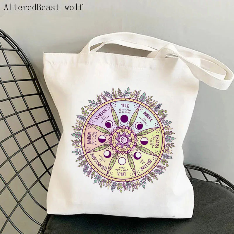 Magic Witch Pastel Gothic Handbag Printed Canvas Tote Single Shoulder Shopping Bag Ladies Fashion Handbag