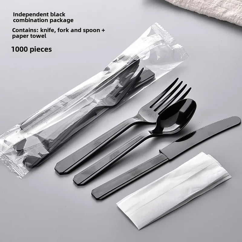 Shanghai Shangji black and white long handle plastic fork spoon disposable knife and fork creative portable tableware three-piece spoon