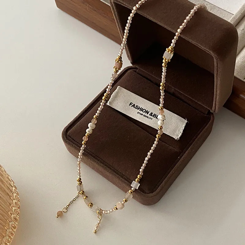 Retro Japanese Style Geometric natural stone Freshwater Pearl Agate Pendant Necklace In Bulk
