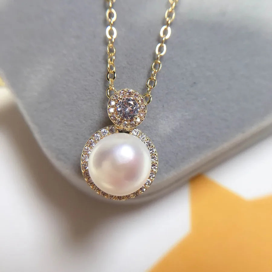 New Boutique 18K Gold Craft Princess Zircon Natural Freshwater Pearl Necklace Round Pearl Pendant