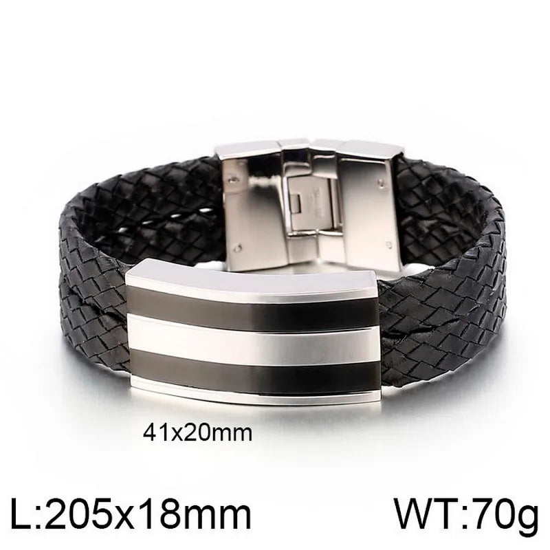 hip-hop retro color block stainless steel pu leather men's bracelets