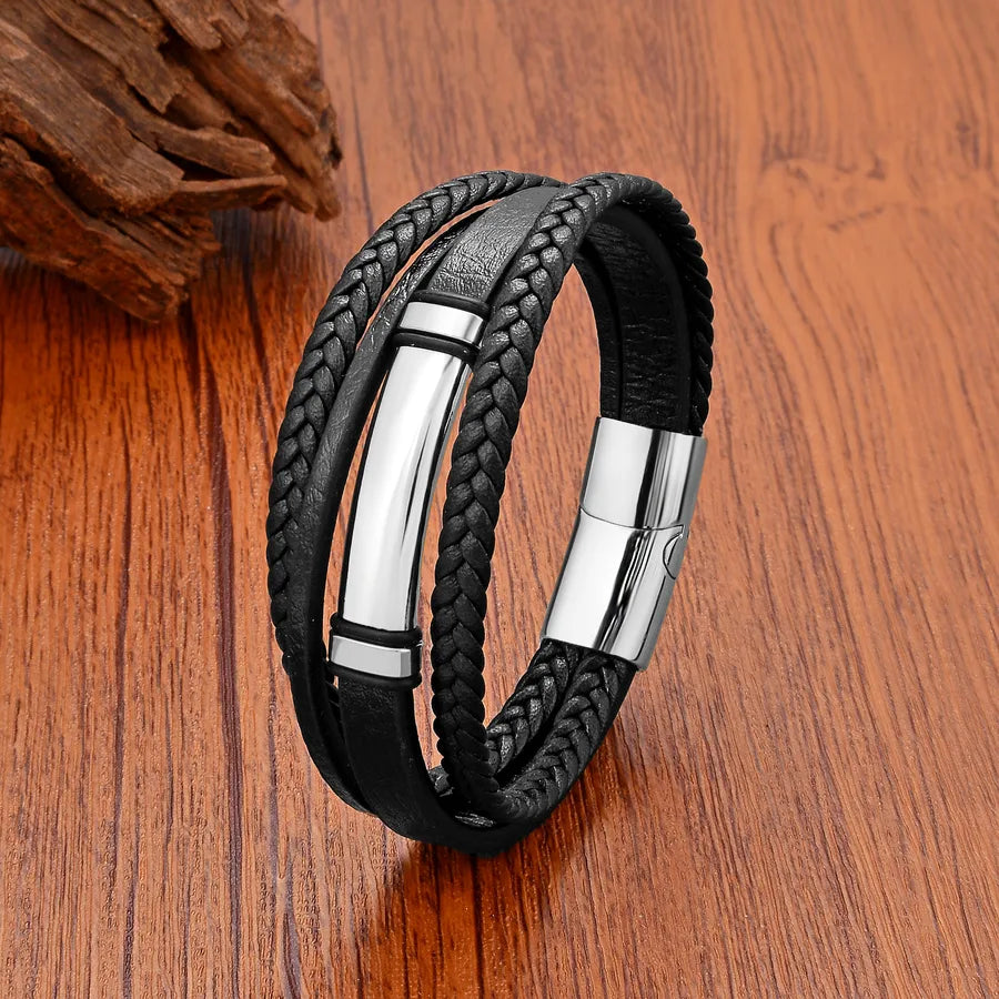Punk Classic Style Solid Color Leather rope Metal Layered Women's Men's Bracelets
