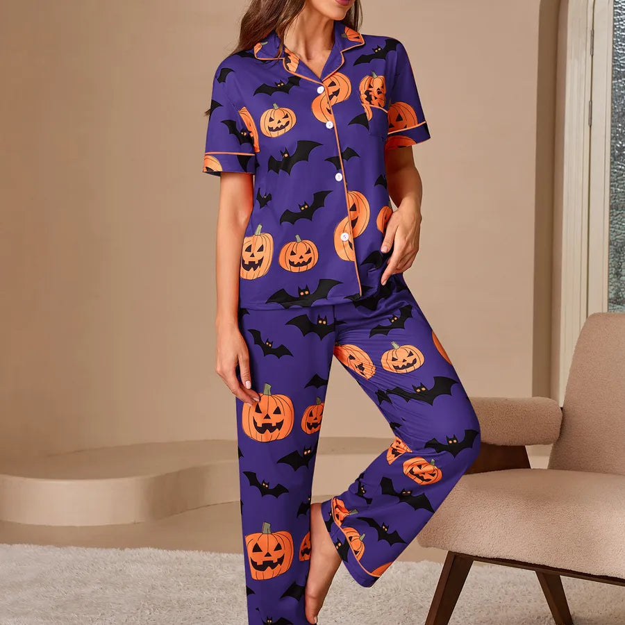European Style Halloween Print Sleepwear Set Women's Short Sleeve Shirt And Long Pants Home Clothes Fashionable And Comfortable