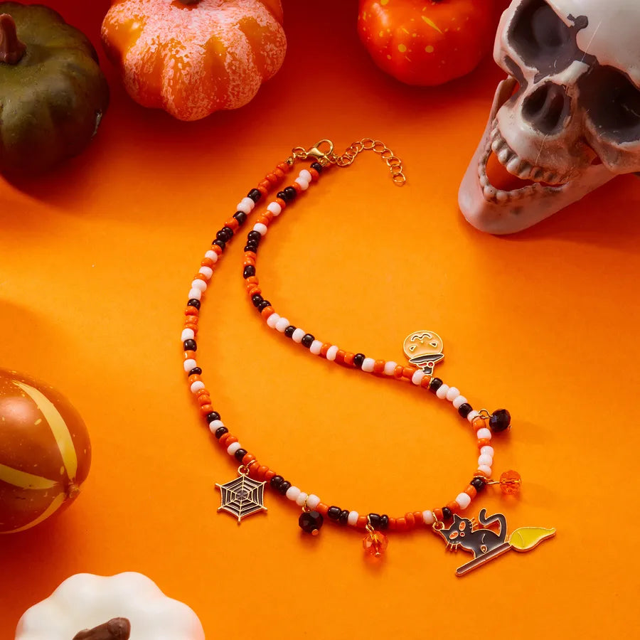 Handmade Halloween Necklace Ghost Spider Pendant Color Matched Pumpkin Design Zinc Alloy Women's Jewelry Accessory