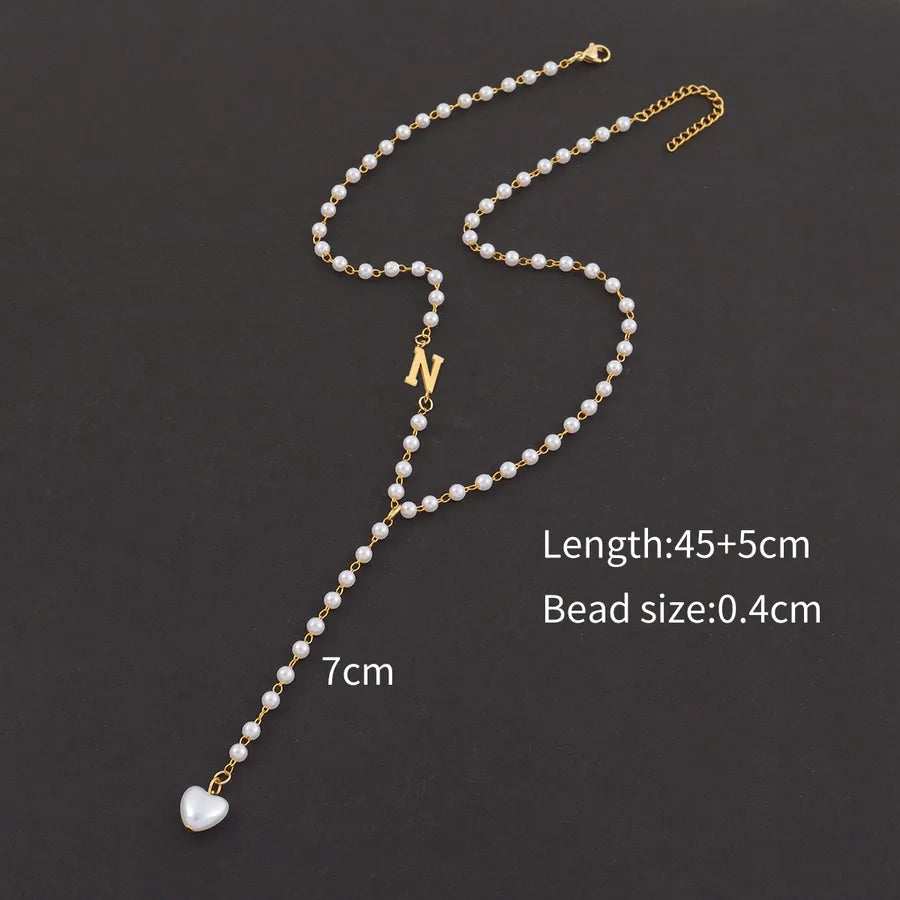 Casual Simple Style Classic Style letter Heart Shape 304 Stainless Steel Artificial Pearl Beaded Chain Y-necklaces Wholesale
