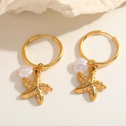 1 Piece Cute Romantic Marine Style Irregular Geometric Starfish Plating Inlay 304 Stainless Steel Imitation Pearl 18K Gold Plated Earrings