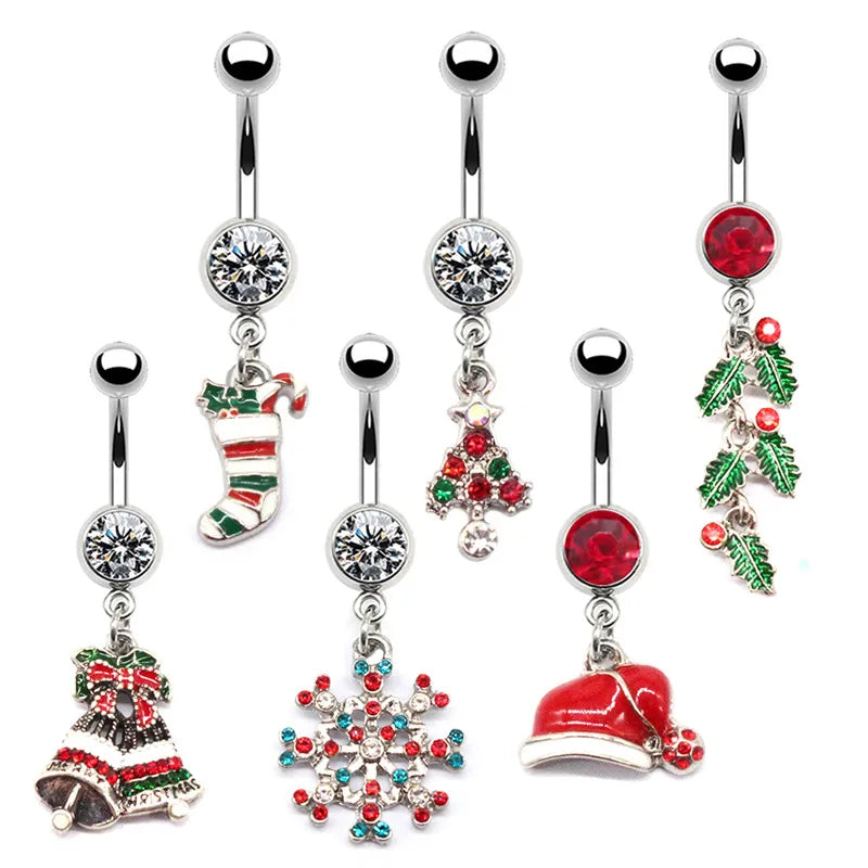 1 Piece Belly Rings Simple Style Christmas Tree Snowflake Stainless Steel Copper Plating Inlay Rhinestones