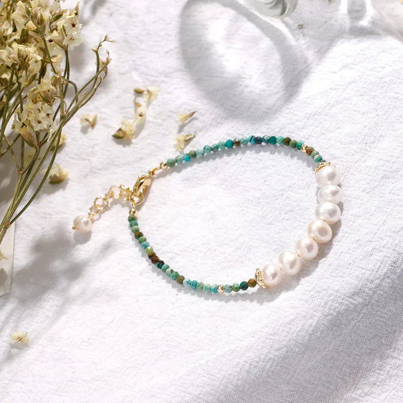 1 piece simple style round turquoise freshwater pearl beaded women's bracelets