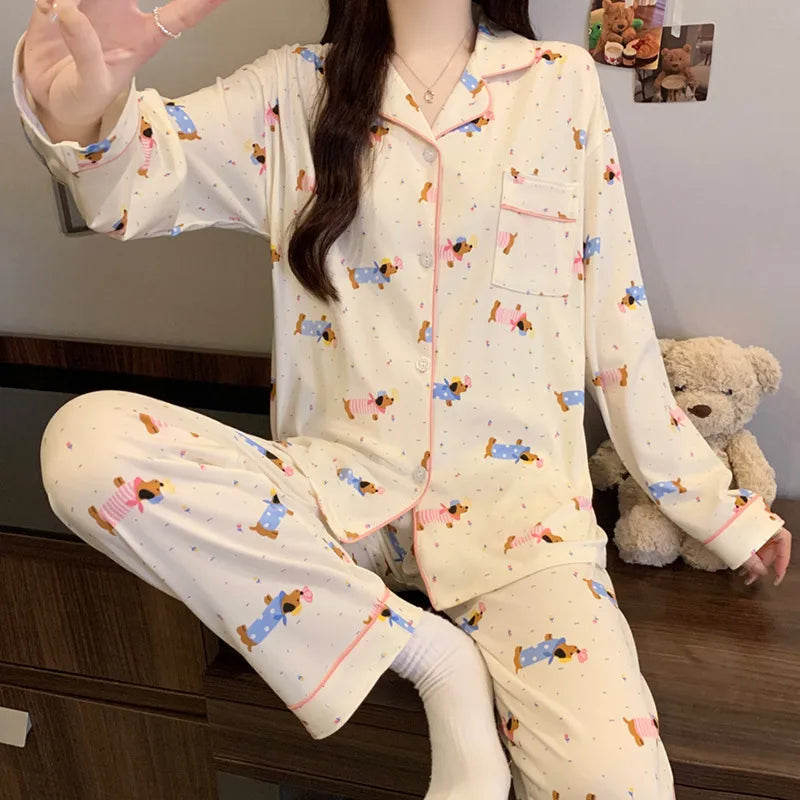 Purple Heart Sweet Style Women's Sleepwear Long Sleeve Home Clothes Spring Autumn High Sensation Dormitory Outdoor Wear Set