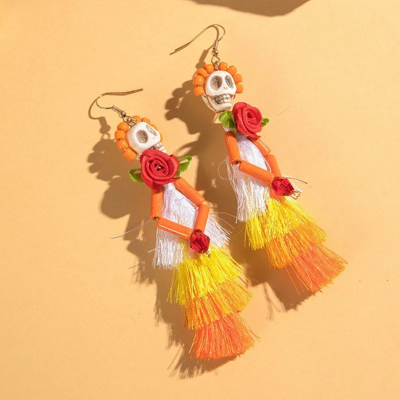 Creative Halloween Skull Tassel Earrings  Style Funny Geometric Pattern Handmade Alloy Women's Jewelry