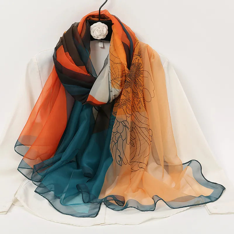 women's elegant lady color block high quality yarn printing silk scarf