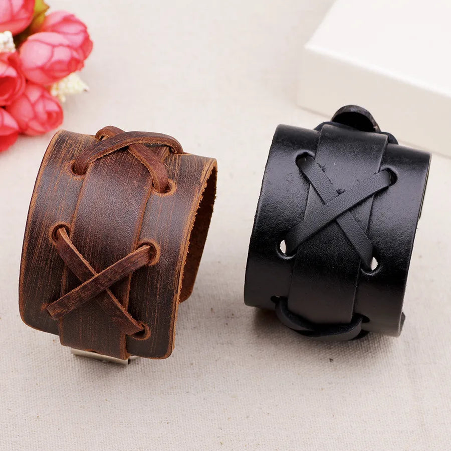 New Fashion Trendy Genuine Leather Punk Bracelet Men's Weaving Wide Leather Cowhide Bracelet  Direct Sales Bangle