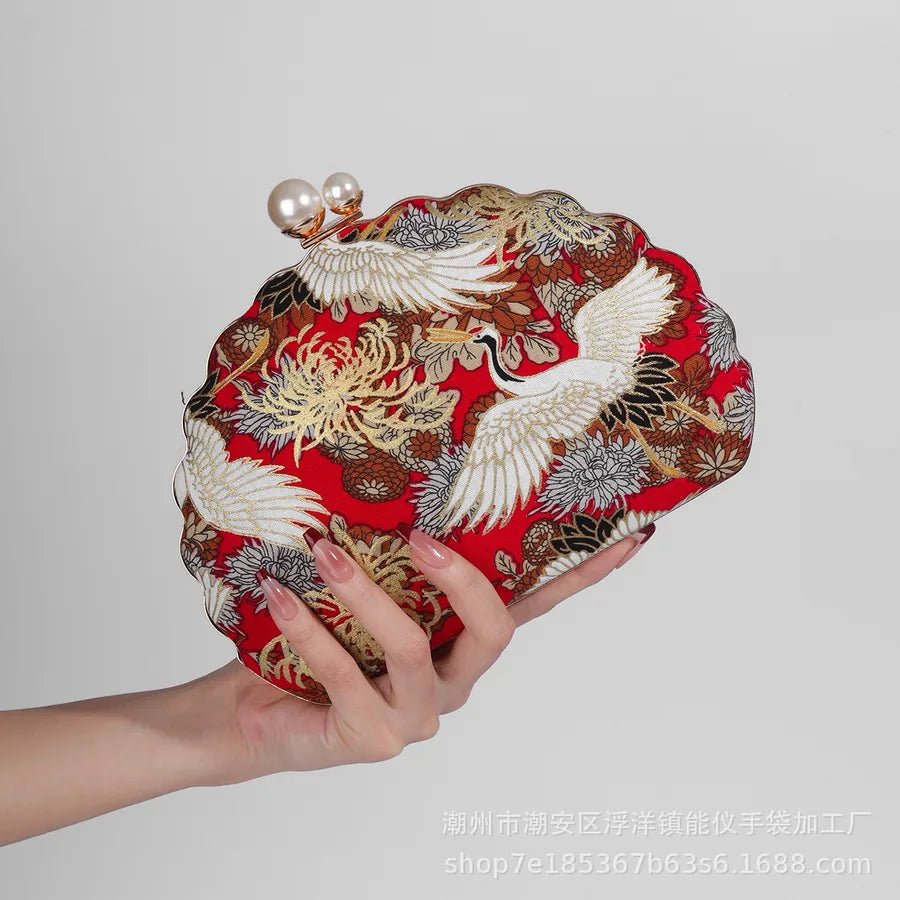 women's all seasons woven fabric flower crane elegant vintage style shell lock clasp evening bag