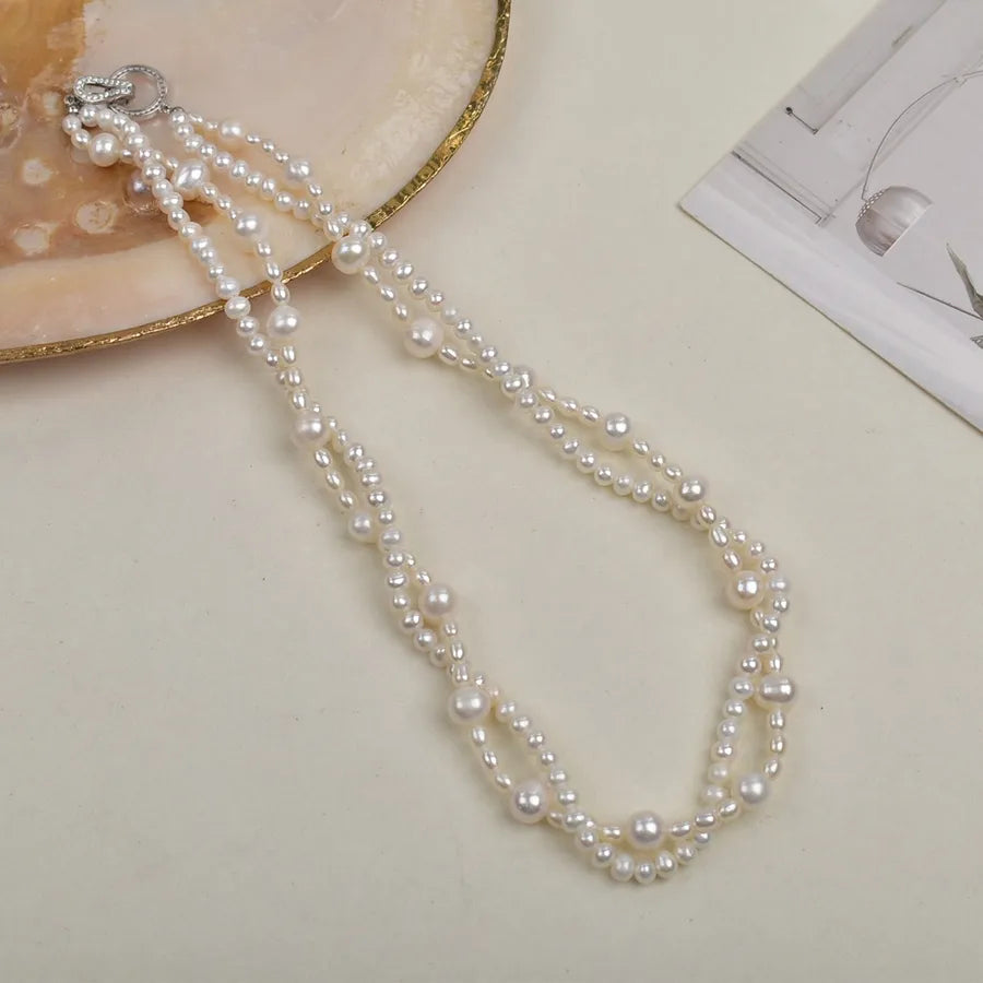 Natural Freshwater Pearl Twist Necklace Double Layer with 925 Silver Clasp Simple Elegance Egg Round Pearl Jewelry Accessory