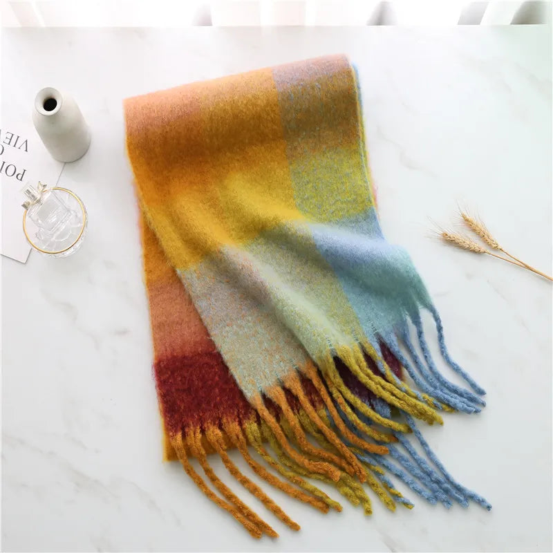 women's casual plaid imitation cashmere tassel scarf