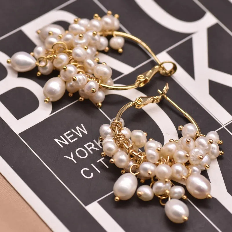1 Pair 18K Gold Plated Freshwater Pearl Copper Zircon Flower Drop Earrings