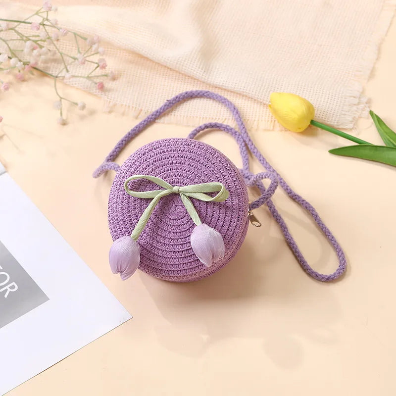Summer Beach Seaside Tulip Straw Woven Bag  New Children Flower Straw Bag Mobile Phone Crossbody Bag