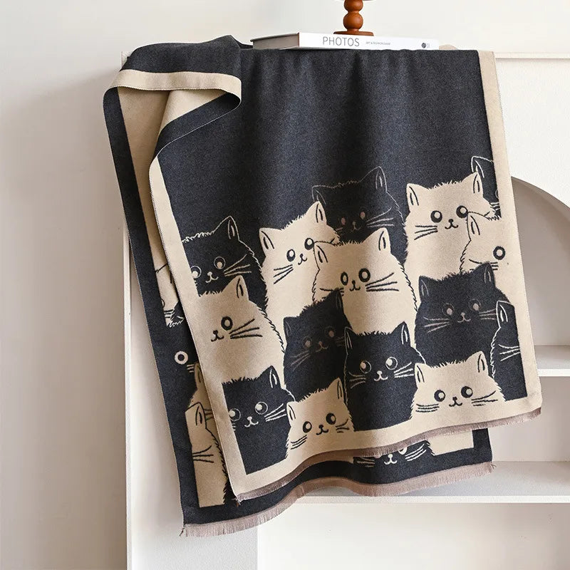 Women's Cute Streetwear Cartoon Cat Cotton Polyester Scarf