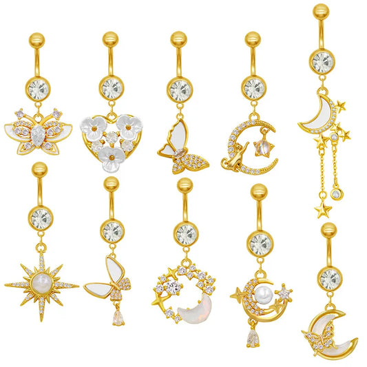 1 Piece Belly Rings Sexy Classic Style Star Heart Shape Butterfly 316L Stainless Steel  Alloy Inlay Resin Rhinestones Glass Gold Plated