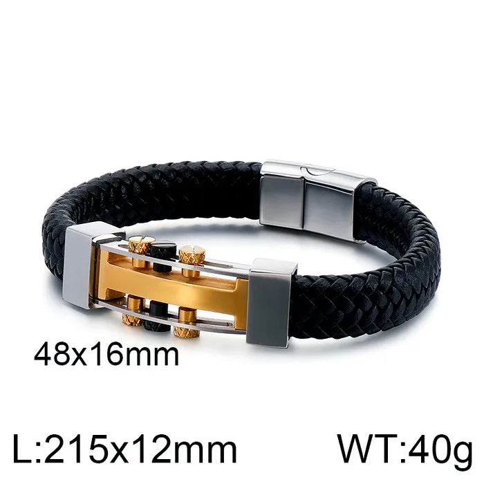 Hip-Hop Retro Color Block Pu Leather Titanium Steel Plating Men's Bangle