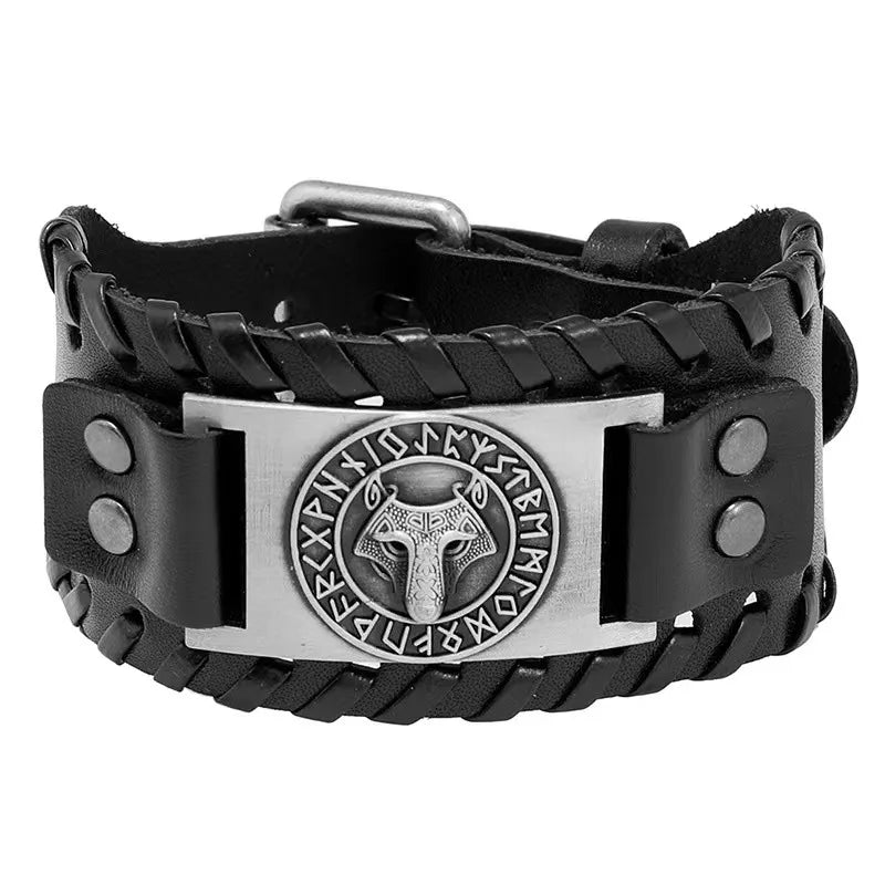 Direct Sales Vintage Weave Leather Bracelet Punk Wolf Head Totem Bracelet Viking Wide Leather Bracelet