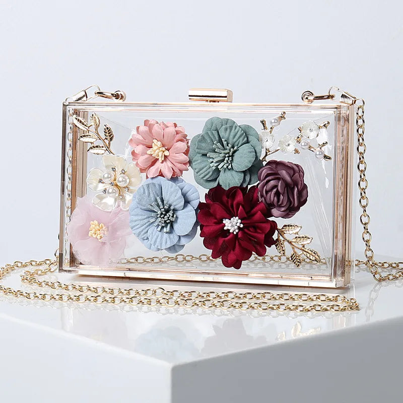 white blue black arylic flower square evening bags