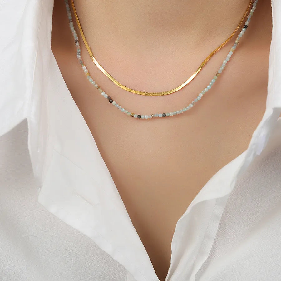 elegant simple style geometric natural stone titanium steel beaded plating 18k gold plated double layer necklaces