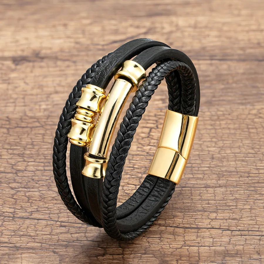 retro exaggerated punk geometric stainless steel metal layered handmade metal button men's bracelets