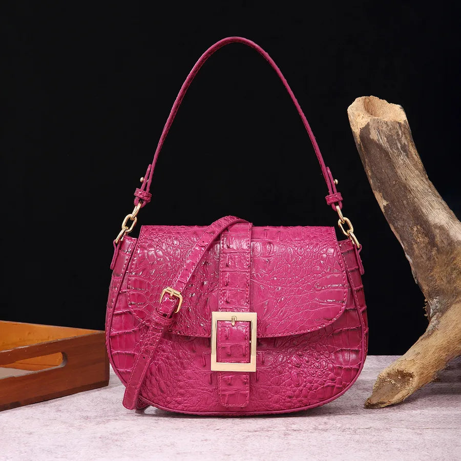 Women's Medium Pu Leather Crocodile Elegant Vintage Style Oval Buckle Crossbody Bag