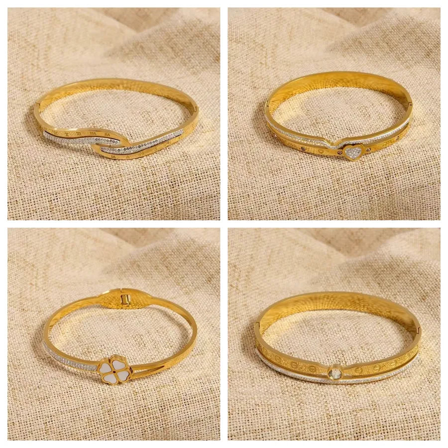 Casual Elegant Simple Style Four Leaf Clover Round Heart Shape 304 Stainless Steel Zircon Bangle In Bulk