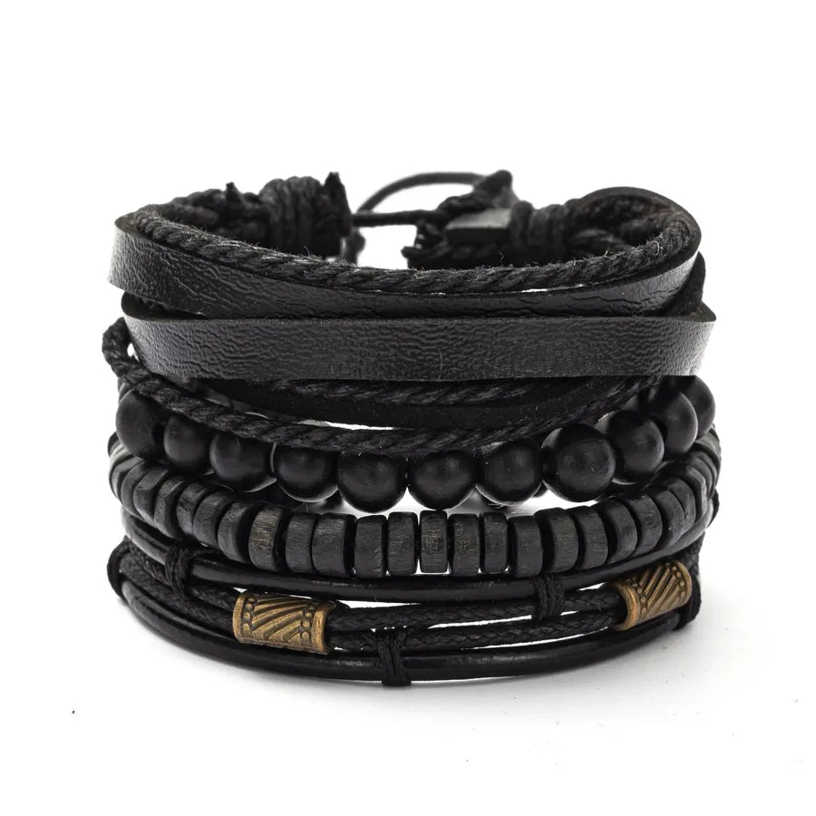 Hip-Hop Retro Geometric Pu Leather Alloy Wooden beads Braid Men's Bracelets