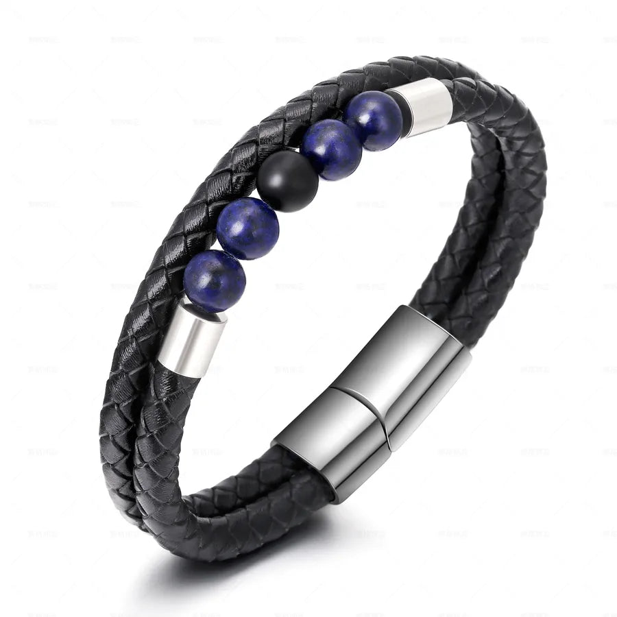 Retro Simple Style Geometric 304 Stainless Steel Cowhide Beaded Layered Stoving Varnish Men's Bangle Men Cord & Leather Bracelets