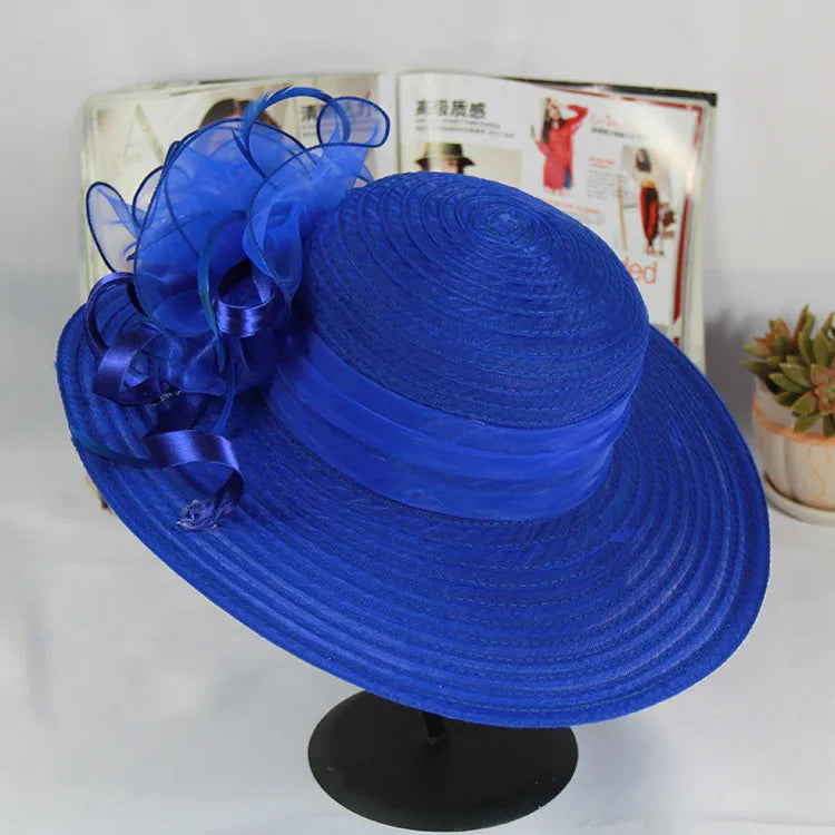 women's vacation solid color gauze flower wide eaves straw hat