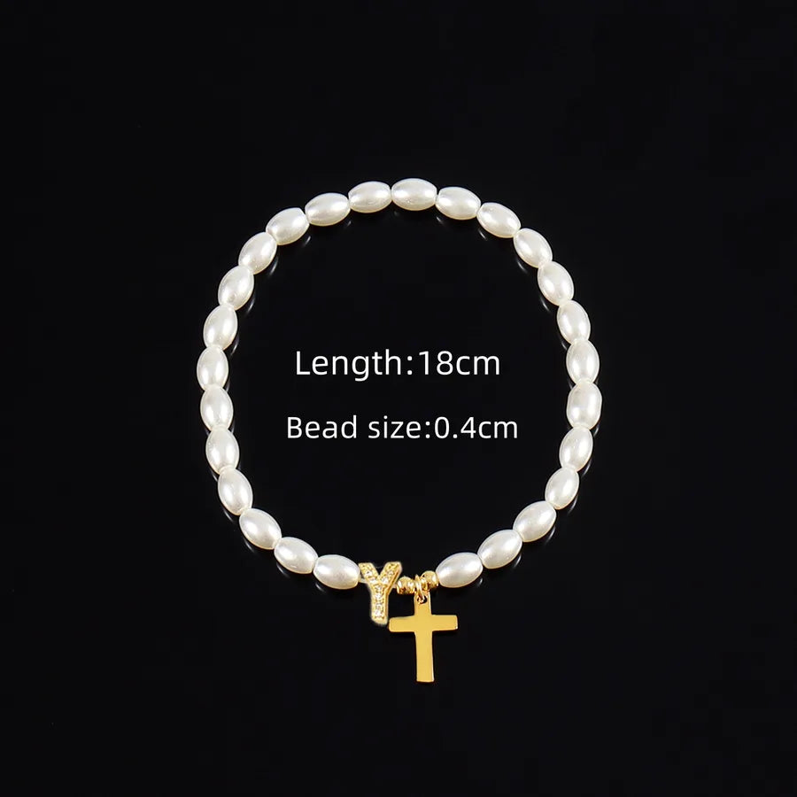 Simple Style Cross Letter 304 Stainless Steel Artificial Pearl Copper Beaded Chain Bracelets In Bulk