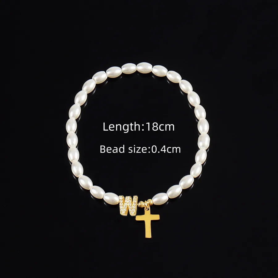 Simple Style Cross Letter 304 Stainless Steel Artificial Pearl Copper Beaded Chain Bracelets In Bulk