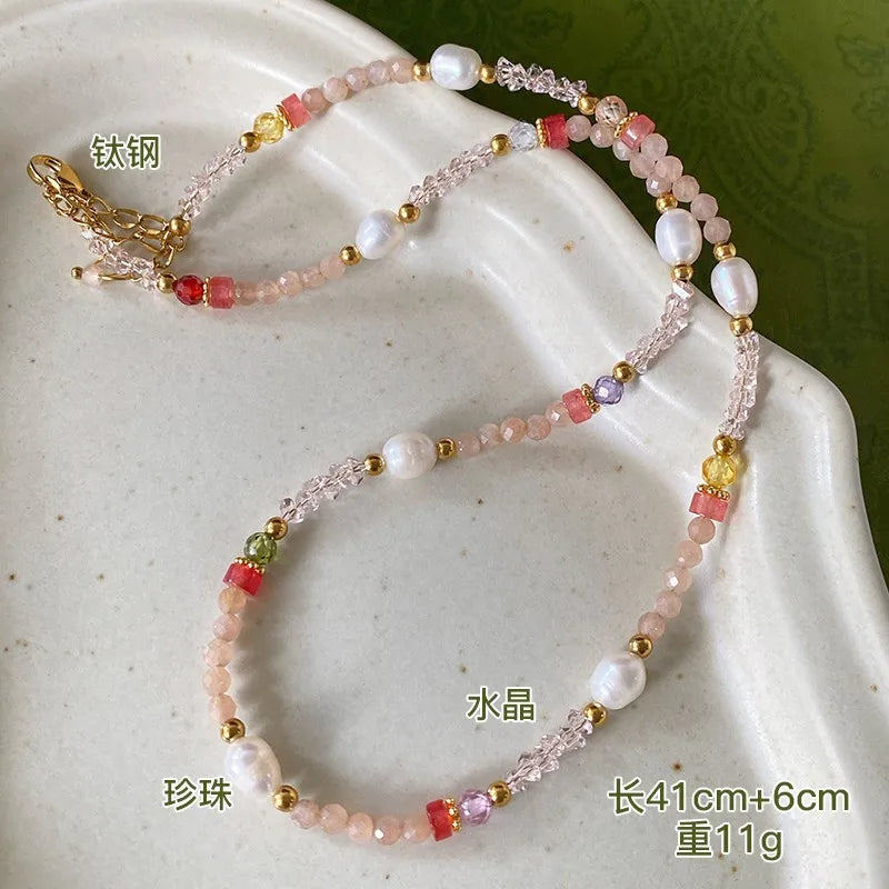 Retro Japanese Style Geometric natural stone Freshwater Pearl Agate Pendant Necklace In Bulk